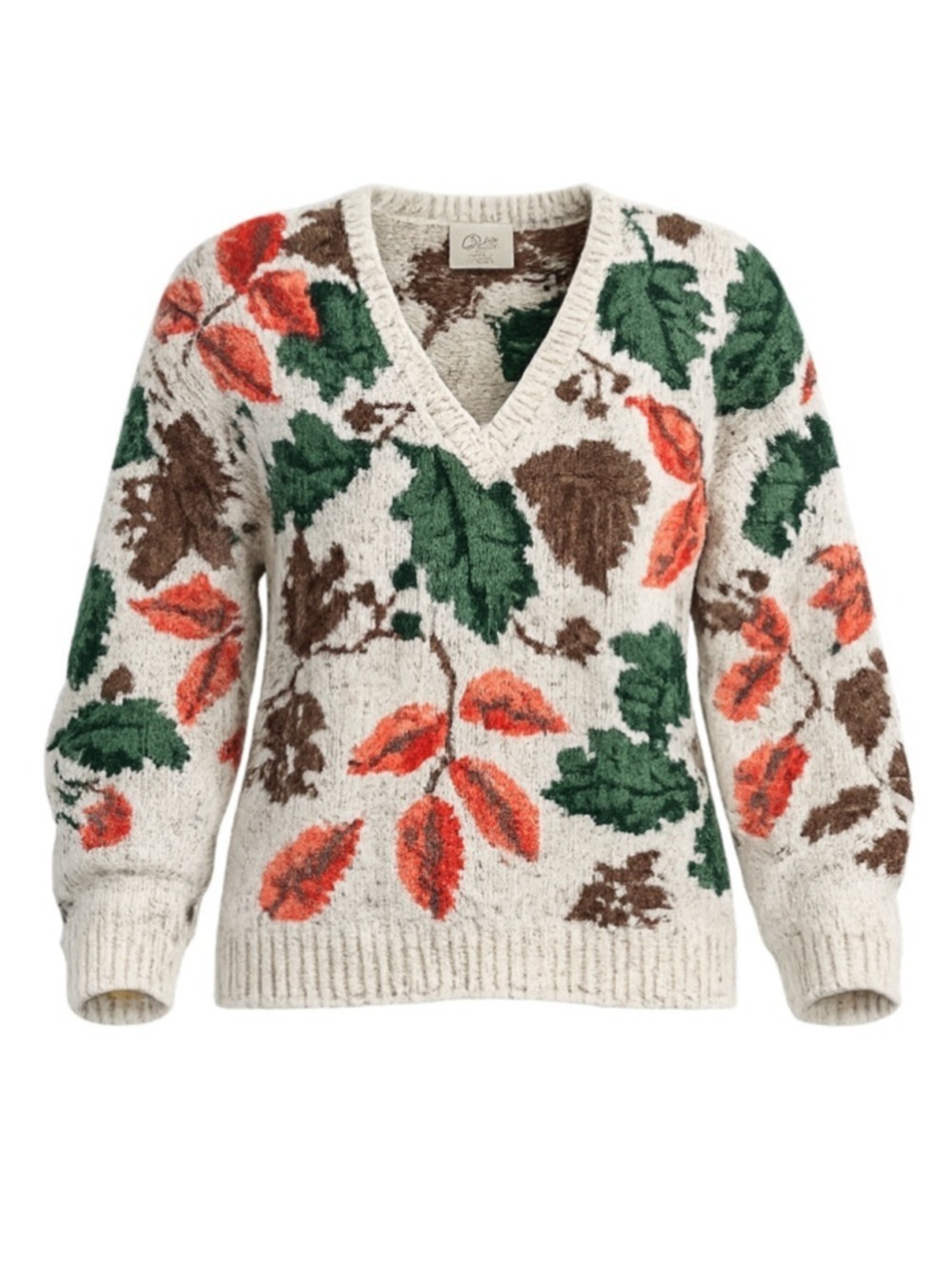 Vintage 90s autumn leaves Oversize Sweater Vneck Womens Medium